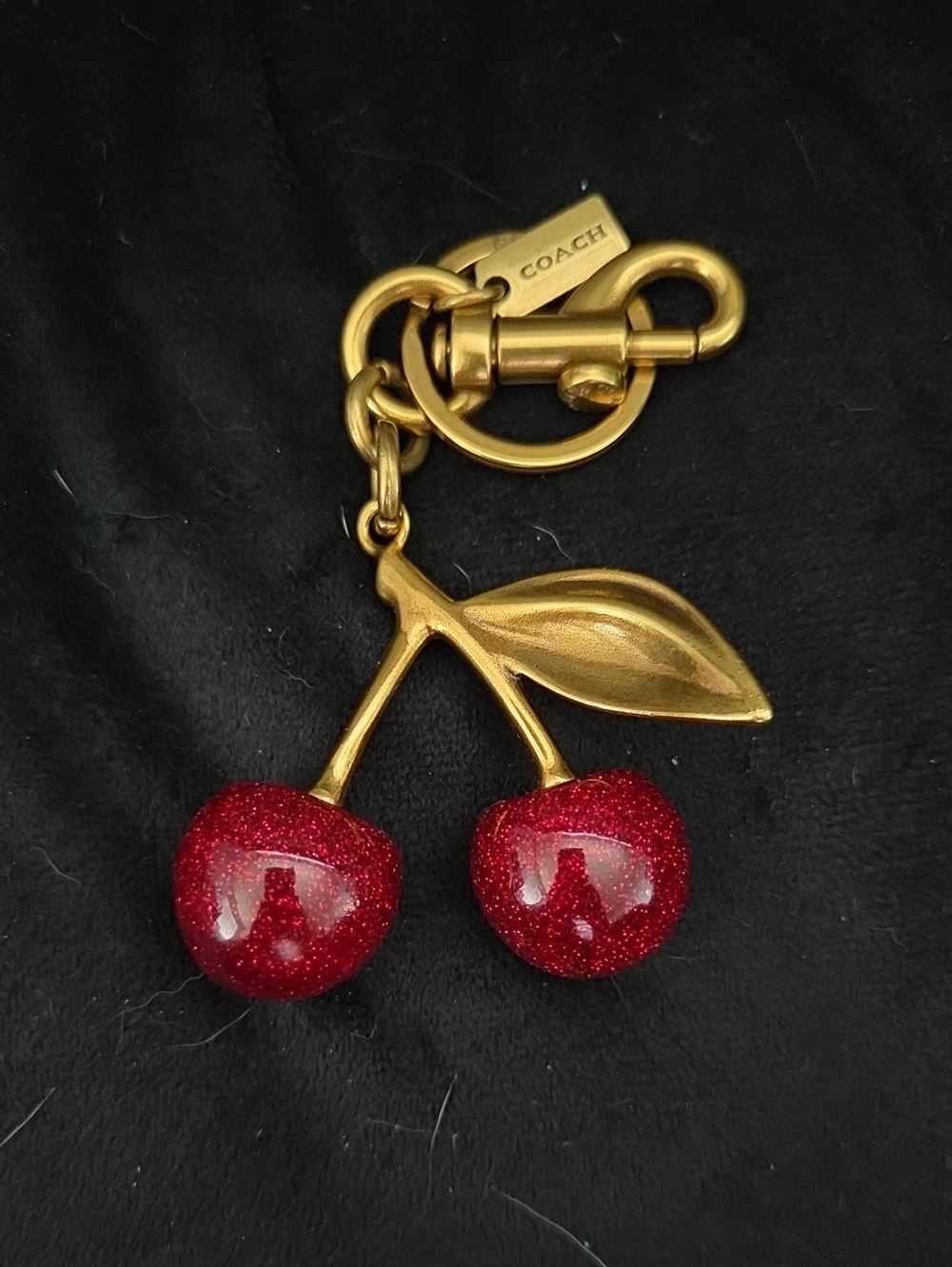 Coach Cherry Bag Charm Keychain Glitter Red Resin Brass 77840
